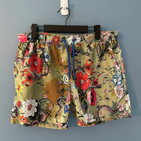 Gucci Other - Gucci Mens Floral Snake Printed Elastic Waisted Green Swim Brief Trunks Medium